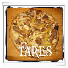 Pizza TARES: Mozzarella, Patatine fritte, kebab, salsa yogurt ketchup o maionese a scelta