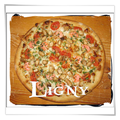 Pizza Ligny: Pomodoro, Mozzarella, Pesce Spada, Gamberi, Prezzemolo, Aglio, Pangrattato