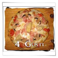 4 Gusti: mozzarella, pomodoro,prosciutto,funghi e carciofi