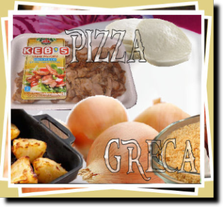 PIZZA GRECA: Mozzarella, Patate, Cipolla, KEbab di pollo, Pangrattato